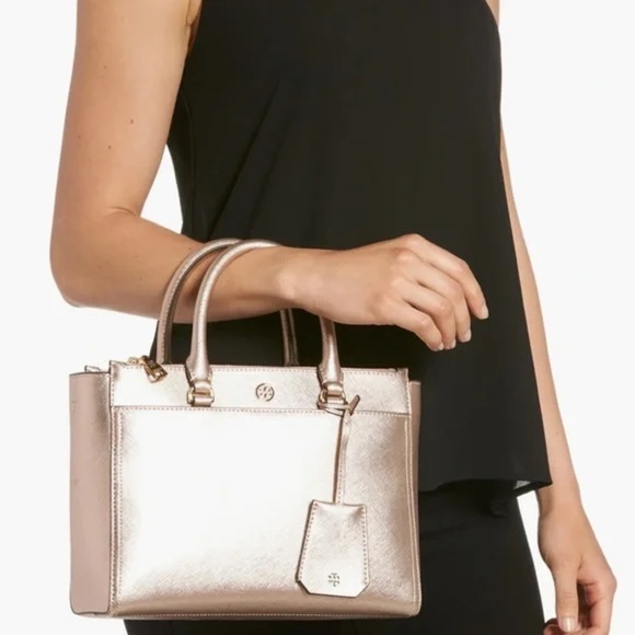 Tory Burch Robinson Small Double-Zip Tote Rose Gold Handbag - Picture 1 of 14